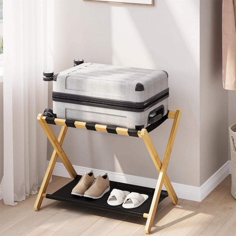 Smart FENDEE Luggage Rack, Folding Luggage Rack for Guest Room, Bamboo Suitcase Stand Holds up to 131 lb, Luggage Stand with Storage Shelf for Hotel, Bedroom (1 Pack) - Image 1